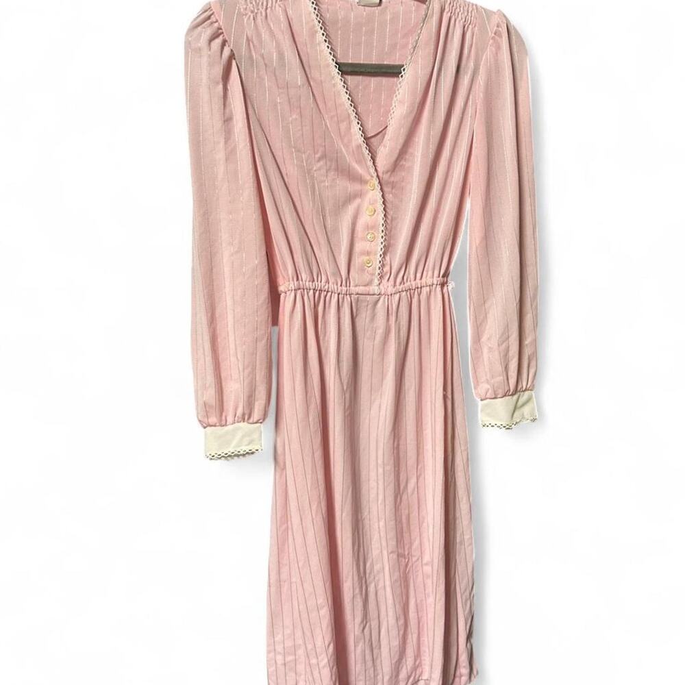 XS vintage 70s semi sheer pinstriped pink midi dress with lace hem button cuffs